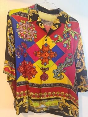 Versace Bold Baroque Print Button  silk Shirt - Multicolor